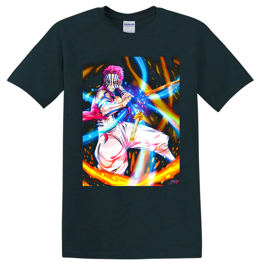 Akaza anime battle art with blue energy streaks, fiery arcs, and a sword on a Midnight (Green) T Shirt