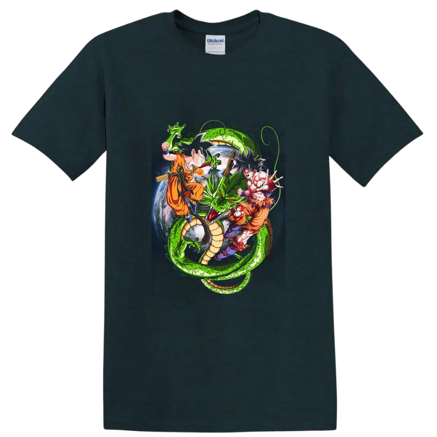 Goku and Shenron Dragon Ball manga-style action graphic with a cosmic Earth backdrop on a Midnight (Green) T Shirt