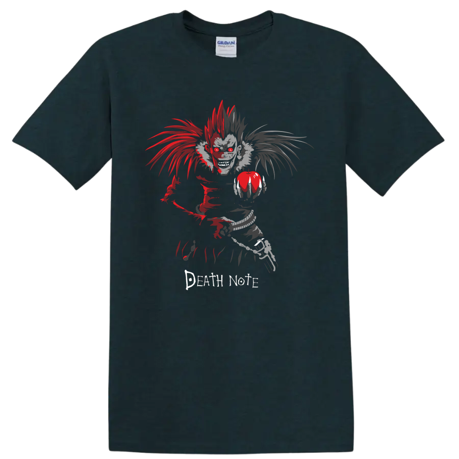 Ryuk holding an apple in distressed red and gray Death Note gothic anime art on a Midnight (Green) T Shirt