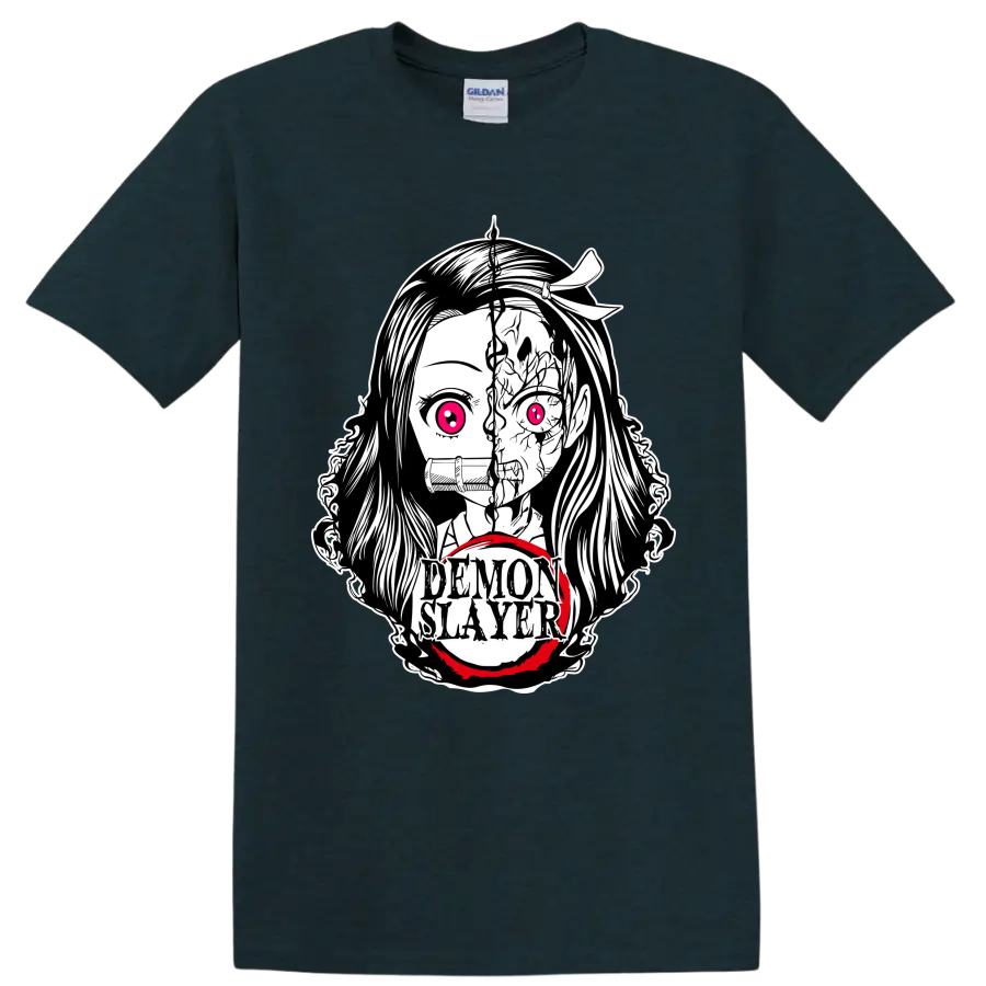 Nezuko Kamado split demon-form manga portrait with bamboo muzzle and Demon Slayer text on a Midnight (Green) T Shirt