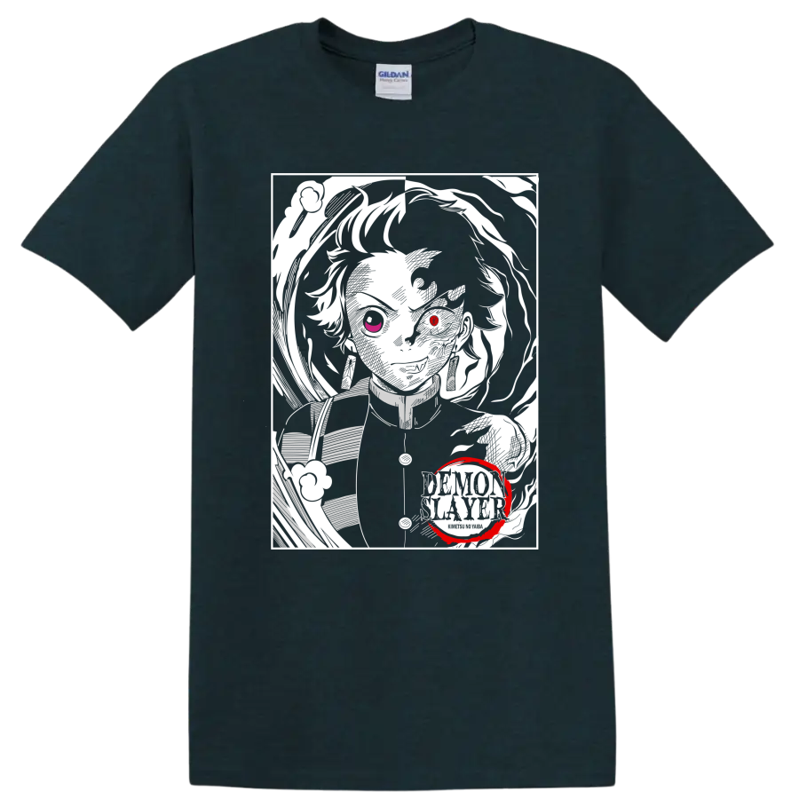 Rui from Demon Slayer in a high-contrast monochrome portrait with red accents on a Midnight (Green) T Shirt