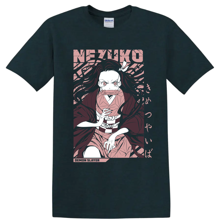 Nezuko Kamado manga-style portrait with flowing hair and bamboo muzzle on a Midnight (Green) T Shirt