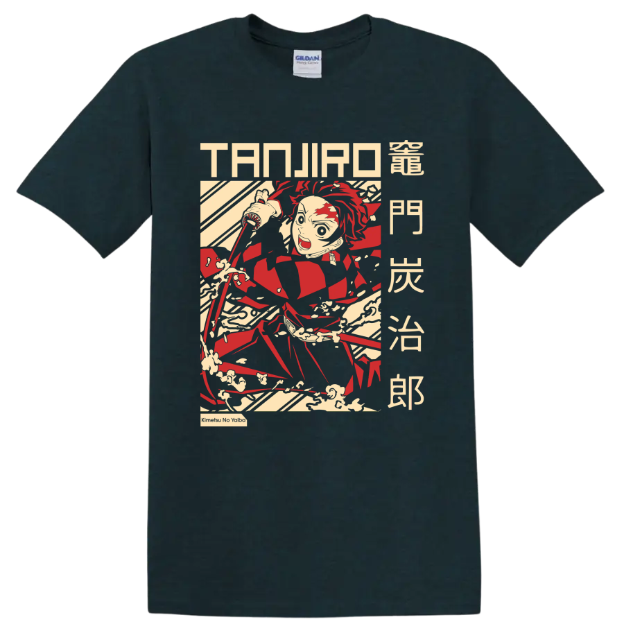 Tanjiro Kamado katana action graphic with manga lettering and sweeping motion lines on a Midnight (Green) T Shirt