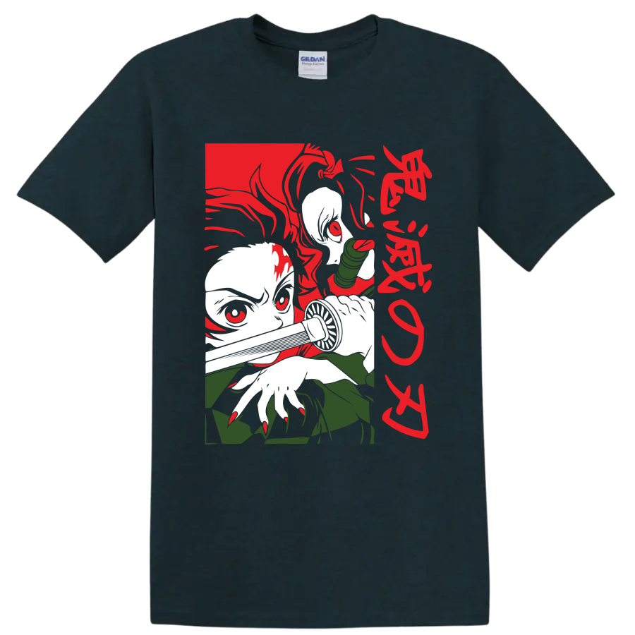 Tanjiro and Nezuko Kamado manga-style graphic with Nezuko's bamboo muzzle on a Midnight (Green) T Shirt