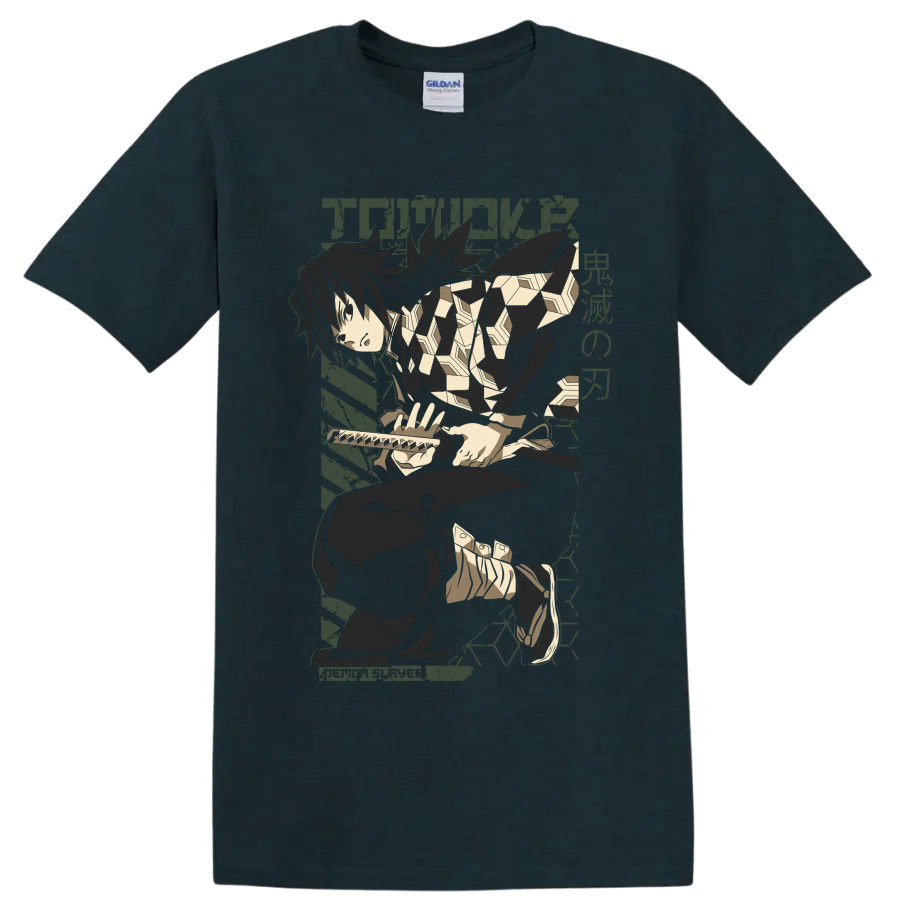 Giyu Tomioka seated with sword in a muted geometric anime graphic on a Midnight (Green) T Shirt