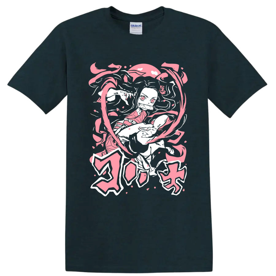 Nezuko Kamado manga-style portrait with pink petals and flowing ribbon shapes on a Midnight (Green) T Shirt