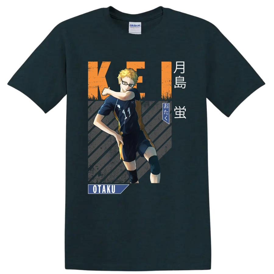 Kei Tsukishima volleyball anime graphic with Karasuno number 11 and OTaku text on a Midnight (Green) T Shirt