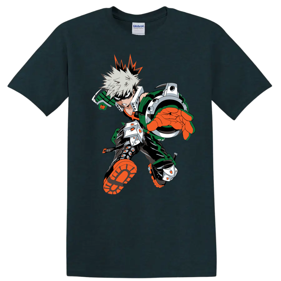 Katsuki Bakugo as Dynamight in a bold forward-charging anime action graphic on a Midnight (Green) T Shirt