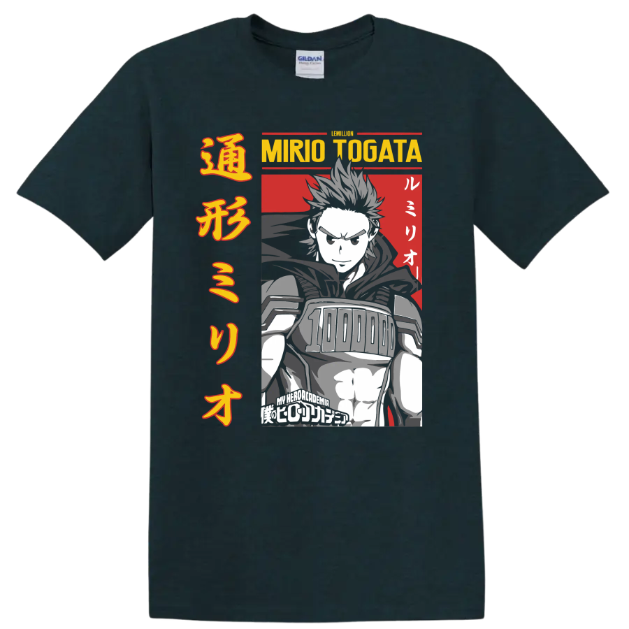 Mirio Togata Lemillion manga-style hero portrait with bold Japanese-inspired typography on a Midnight (Green) T Shirt