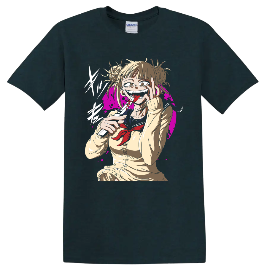 Himiko Toga anime illustration with blood accents and magenta splatter backdrop on a Midnight (Green) T Shirt