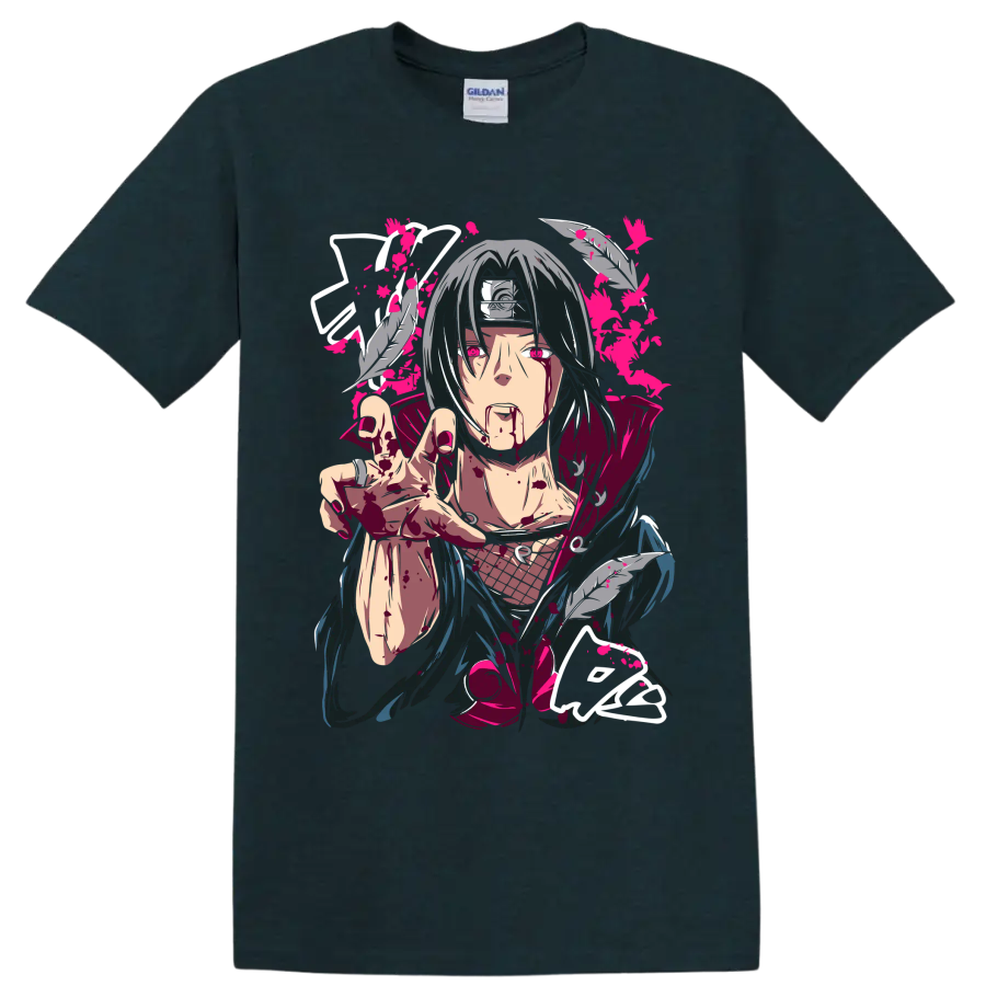 Itachi Uchiha dark manga portrait with feathers, crimson splatter, and pink accents on a Midnight (Green) T Shirt