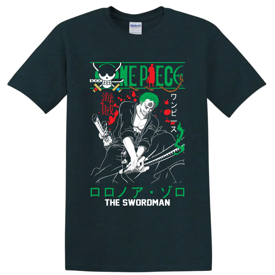 Roronoa Zoro One Piece manga swordsman graphic with skull, swords, and Japanese lettering on a Midnight (Green) T Shirt