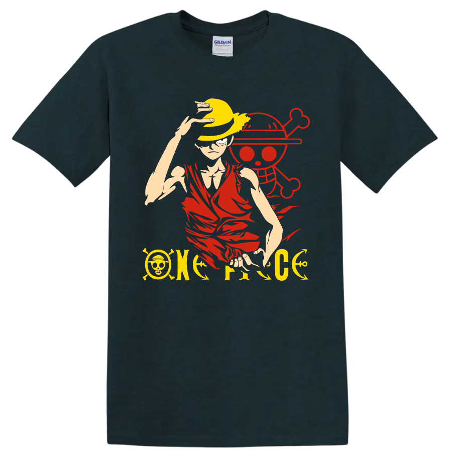 Monkey D. Luffy in a straw hat before a pirate skull anime graphic on a Midnight (Green) T Shirt