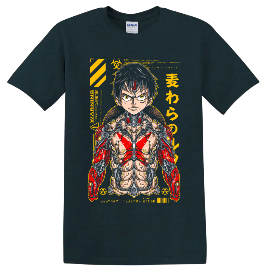 Monkey D. Luffy cyborg mecha manga portrait with red armor and yellow technical accents on a Midnight (Green) T Shirt