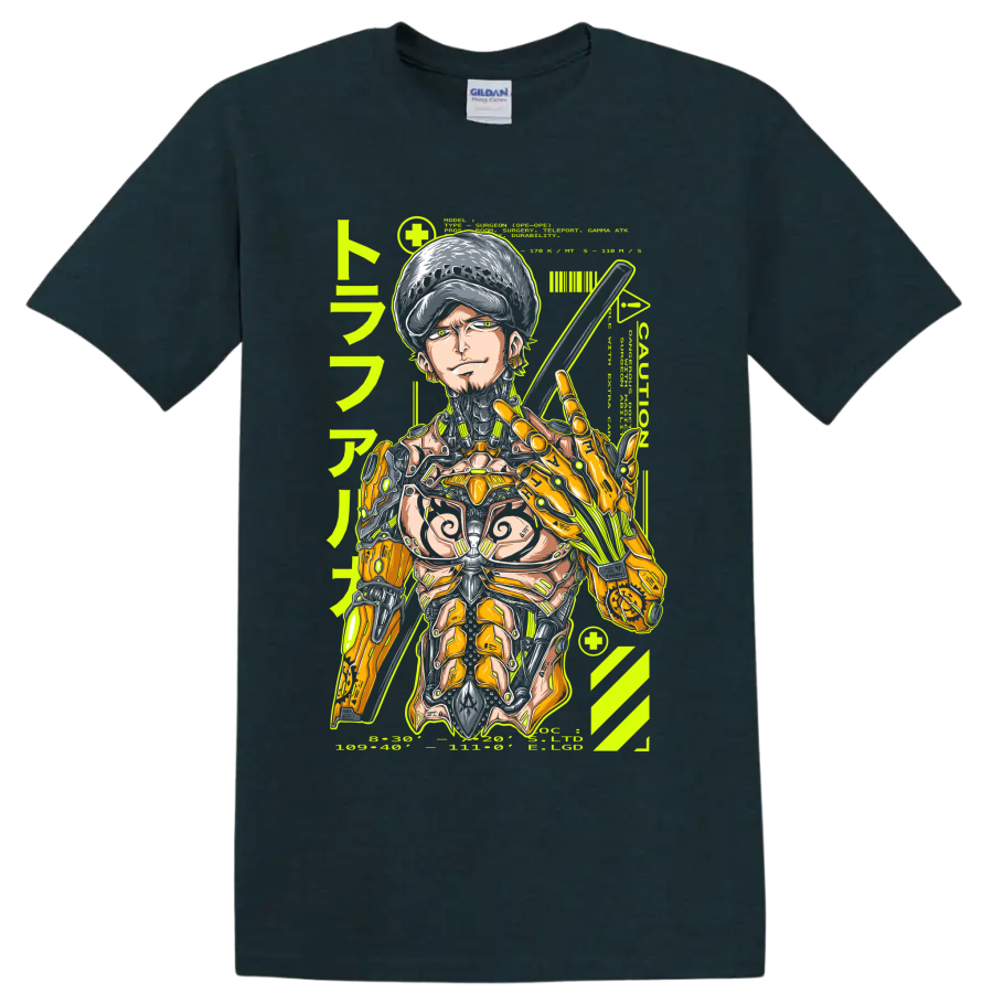 Trafalgar Law cyborg mecha manga graphic with sword and mechanical armor on a Midnight (Green) T Shirt