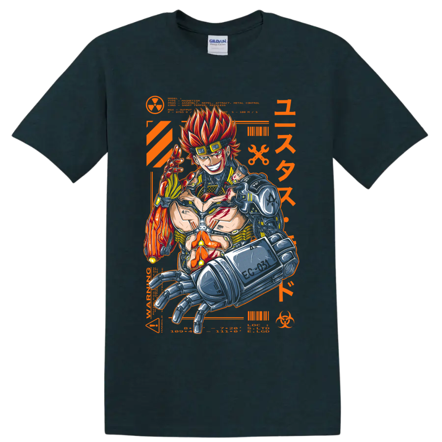 Eustass Kid with mechanical arm in fiery orange cyberpunk manga graphic on a Midnight (Green) T Shirt