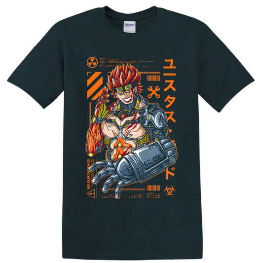Eustass Kid with mechanical arm in fiery orange cyberpunk manga graphic on a Midnight (Green) T Shirt