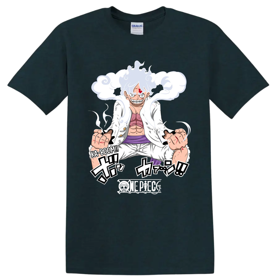 Monkey D. Luffy Gear 5 manga action art with swirling cloud effects on a Midnight (Green) T Shirt