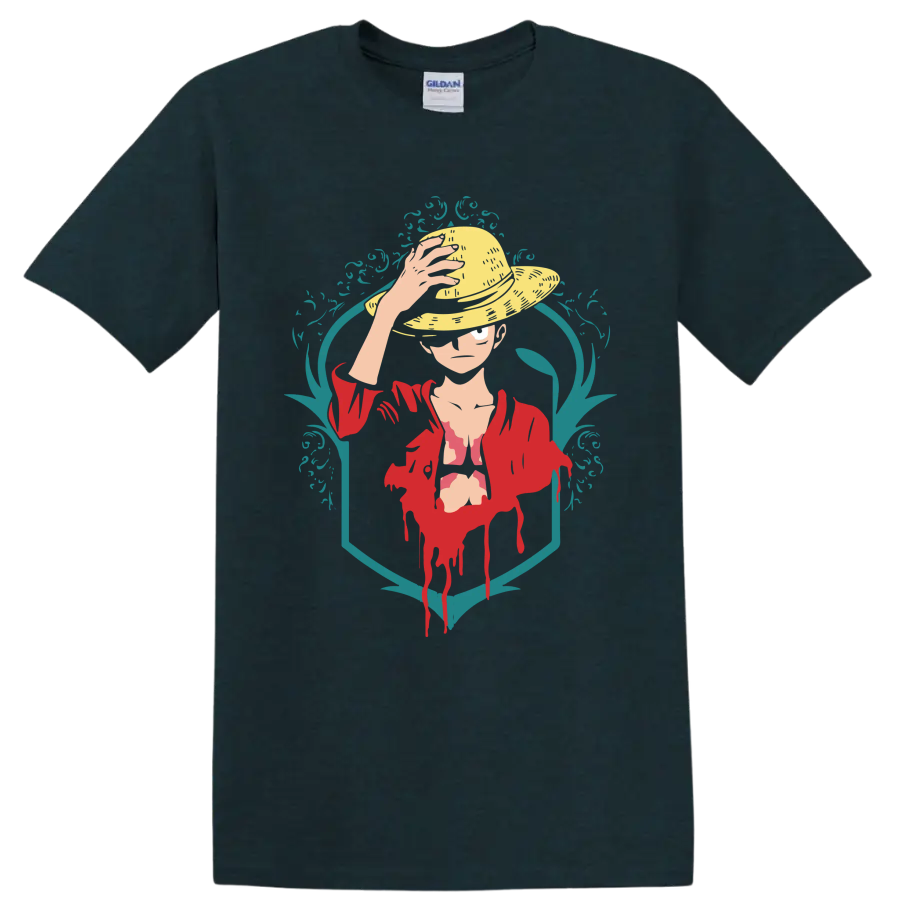 Monkey D. Luffy straw hat portrait in red jacket with teal ornamental graphic frame on a Midnight (Green) T Shirt