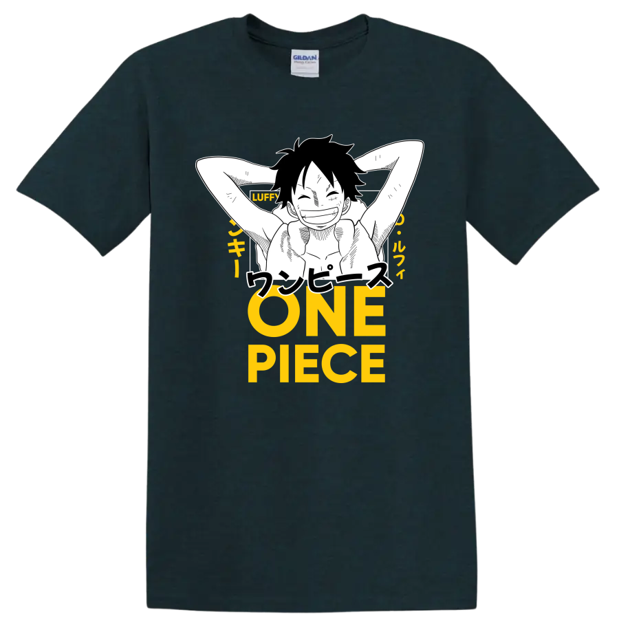 Monkey D. Luffy relaxed manga line art with Japanese text and yellow ONE PIECE lettering on a Midnight (Green) T Shirt