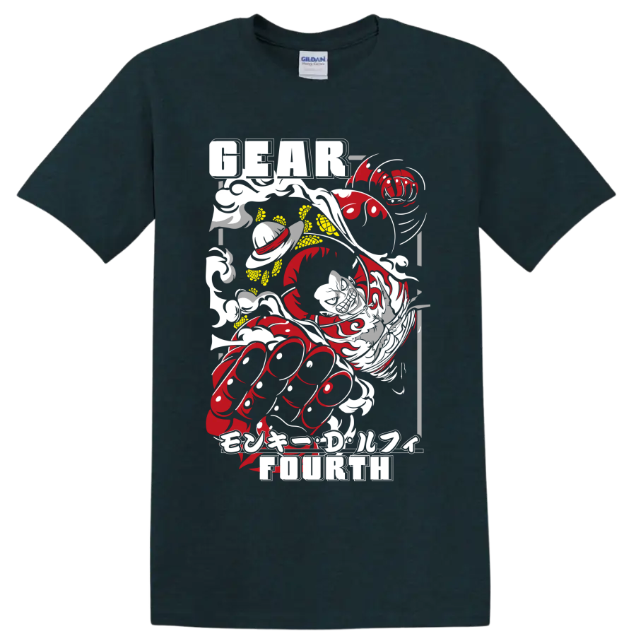 Monkey D. Luffy Gear Fourth distressed red and gray manga action graphic on a Midnight (Green) T Shirt