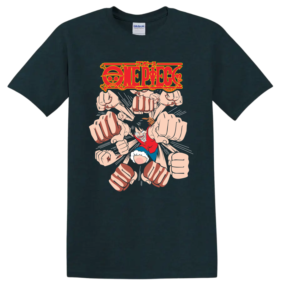 Monkey D. Luffy Gomu Gomu no Gatling manga graphic with One Piece logo and flying fists on a Midnight (Green) T Shirt