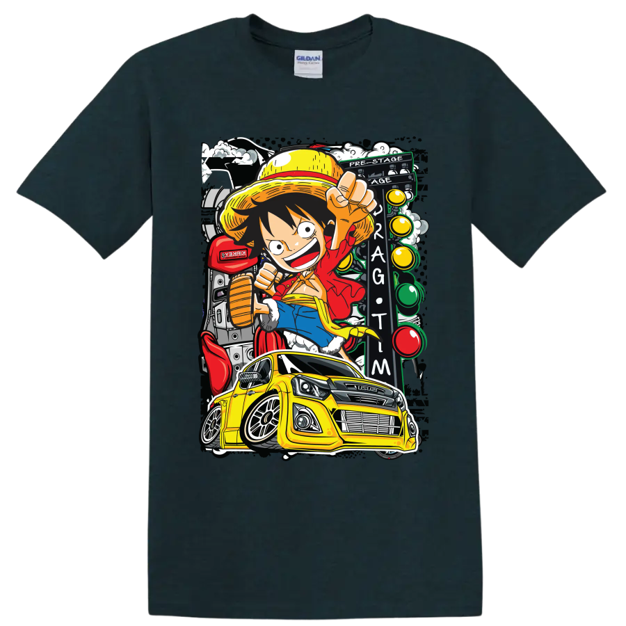 Monkey D. Luffy anime art with yellow Isuzu pickup and Thailook racing scene on a Midnight (Green) T Shirt
