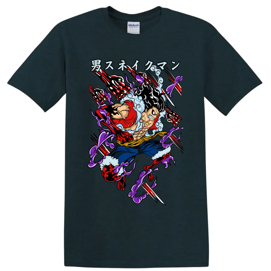 Monkey D. Luffy Gear 4 Snakeman anime-style action graphic with extended arms on a Midnight (Green) T Shirt