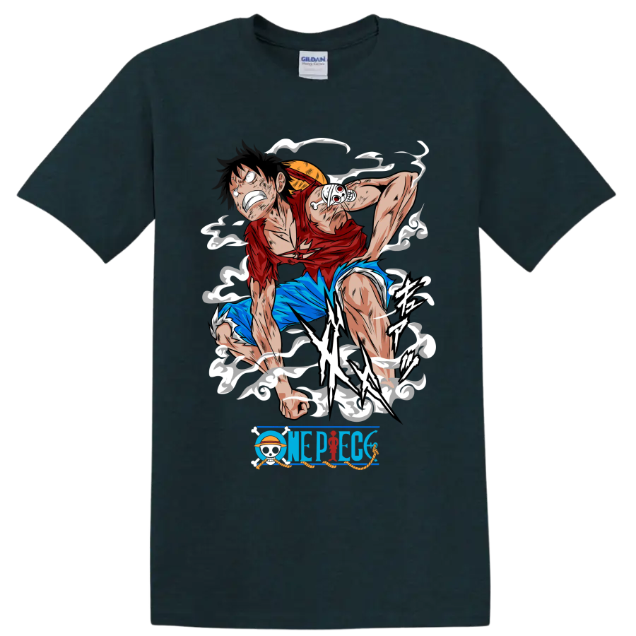 Monkey D. Luffy Gear 2 action graphic with steam effects and One Piece logo on a Midnight (Green) T Shirt