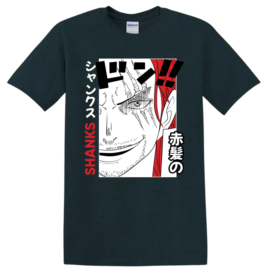 Shanks One Piece manga portrait with red hair, Japanese lettering, and SHANKS text on a Midnight (Green) T Shirt