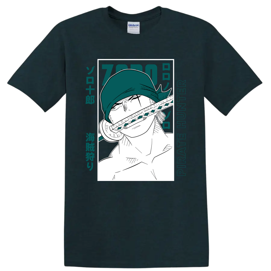 Roronoa Zoro Pirate Hunter manga portrait with sword and teal Japanese-style lettering on a Midnight (Green) T Shirt