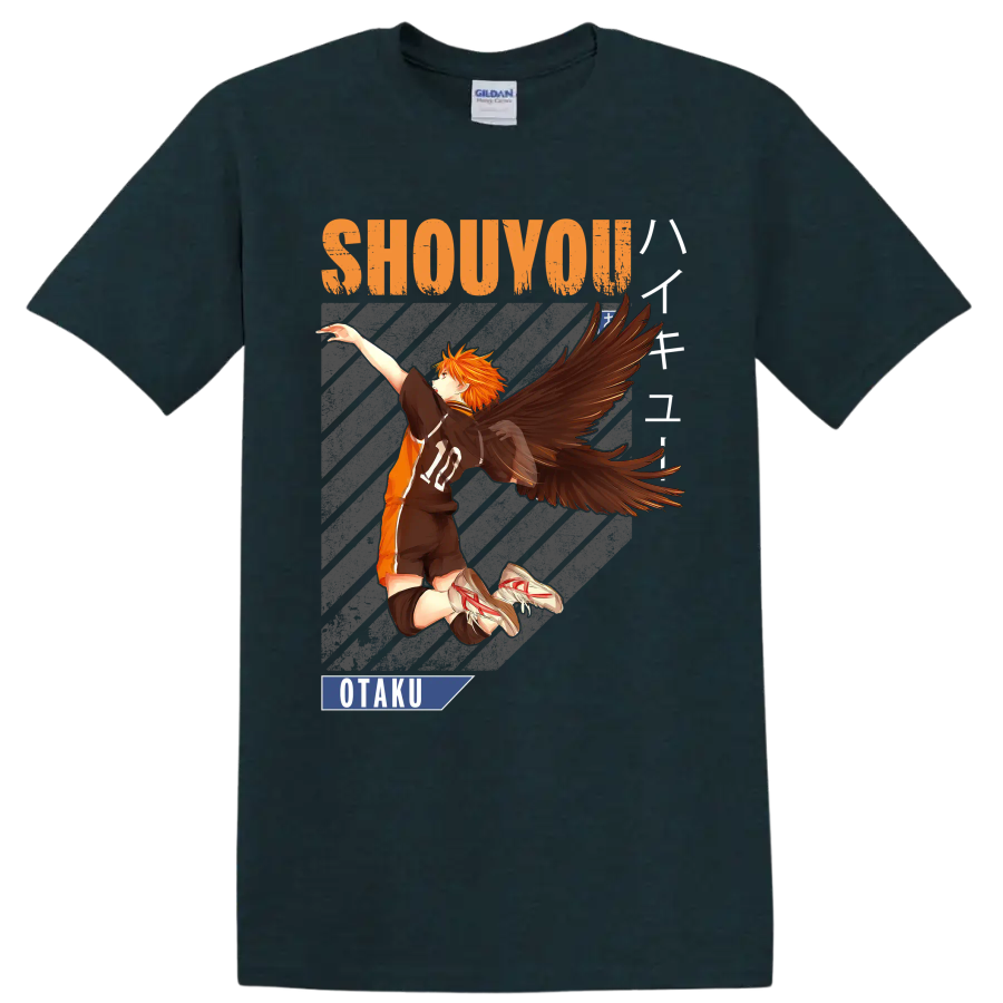 Shoyo Hinata winged volleyball anime graphic with Shouyou and Otaku text on a Midnight (Green) T Shirt
