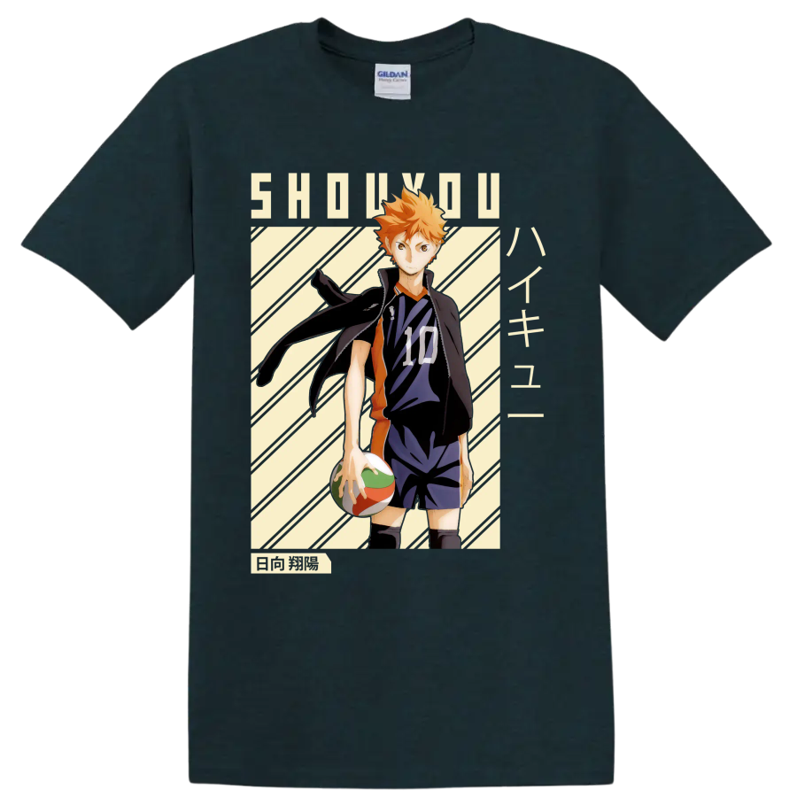 Shoyo Hinata in Karasuno number 10 uniform with volleyball manga-style graphic on a Midnight (Green) T Shirt
