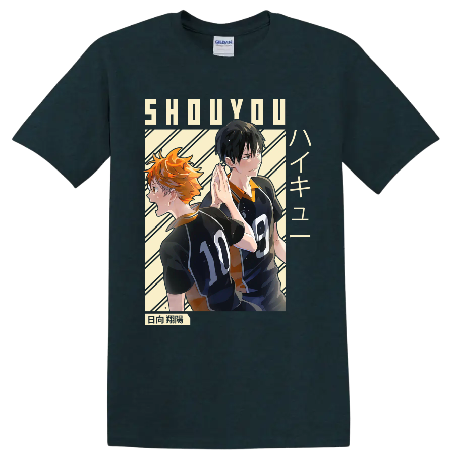 Anime-style Shoyo Hinata and Tobio Kageyama in Karasuno volleyball uniforms on a Midnight (Green) T Shirt