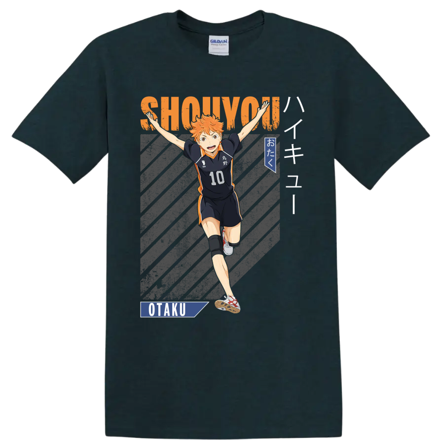 Shoyo Hinata in Karasuno No. 10 uniform with SHOUYOU lettering and otaku graphics on a Midnight (Green) T Shirt