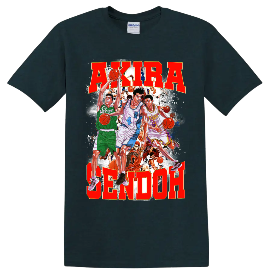 Slam Dunk manga collage with Sendoh, Fujima, Sakuragi and bold AKIRA SENDOH text on a Midnight (Green) T Shirt