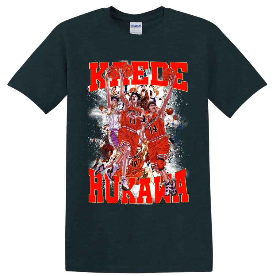 Kaede Rukawa Slam Dunk manga-style Shohoku basketball action collage on a Midnight (Green) T Shirt