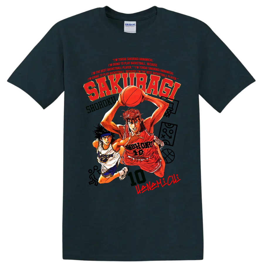 Slam Dunk manga graphic of Hanamichi Sakuragi and Nobunaga Kiyota playing basketball on a Midnight (Green) T Shirt