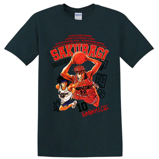 Slam Dunk manga graphic of Hanamichi Sakuragi and Nobunaga Kiyota playing basketball on a Midnight (Green) T Shirt