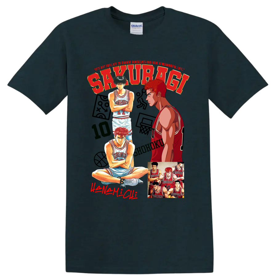 Slam Dunk manga collage of Hanamichi Sakuragi, Kaede Rukawa, and Shohoku players on a Midnight (Green) T Shirt
