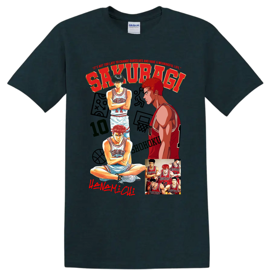 Slam Dunk manga collage of Hanamichi Sakuragi, Kaede Rukawa, and Shohoku players on a Midnight (Green) T Shirt