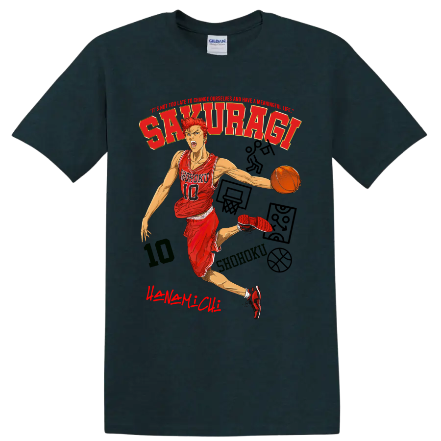 Hanamichi Sakuragi Slam Dunk manga basketball action graphic with Shohoku jersey on a Midnight (Green) T Shirt