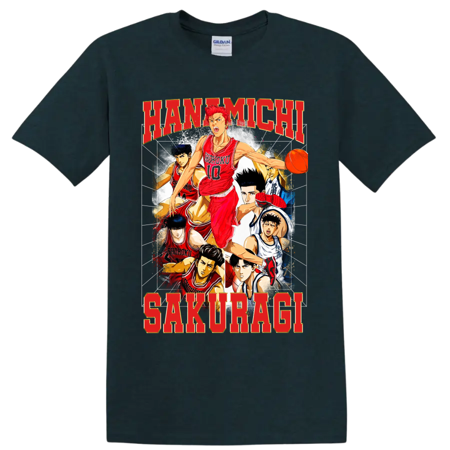 Hanamichi Sakuragi Slam Dunk manga basketball collage with Shohoku players on a Midnight (Green) T Shirt