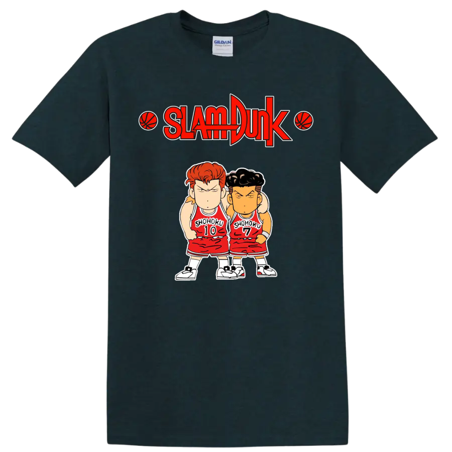 Chibi Hanamichi Sakuragi and Ryota Miyagi in Shohoku uniforms beneath Slam Dunk logo on a Midnight (Green) T Shirt