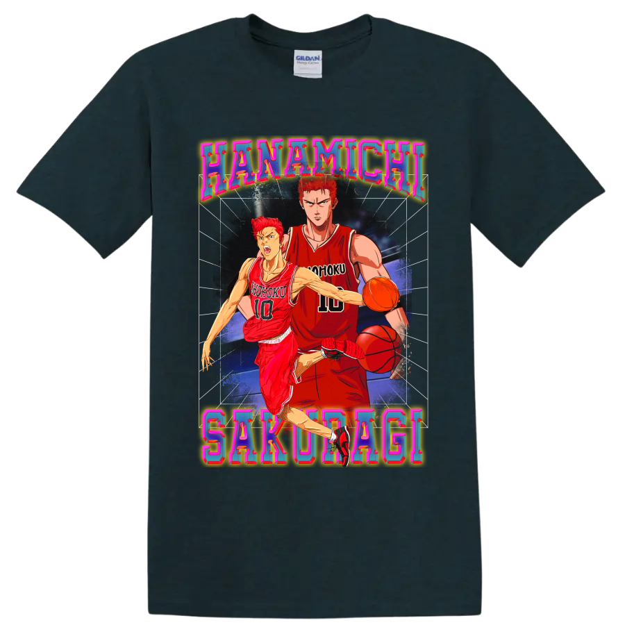 Hanamichi Sakuragi Slam Dunk basketball action in colorful retro poster art on a Midnight (Green) T Shirt