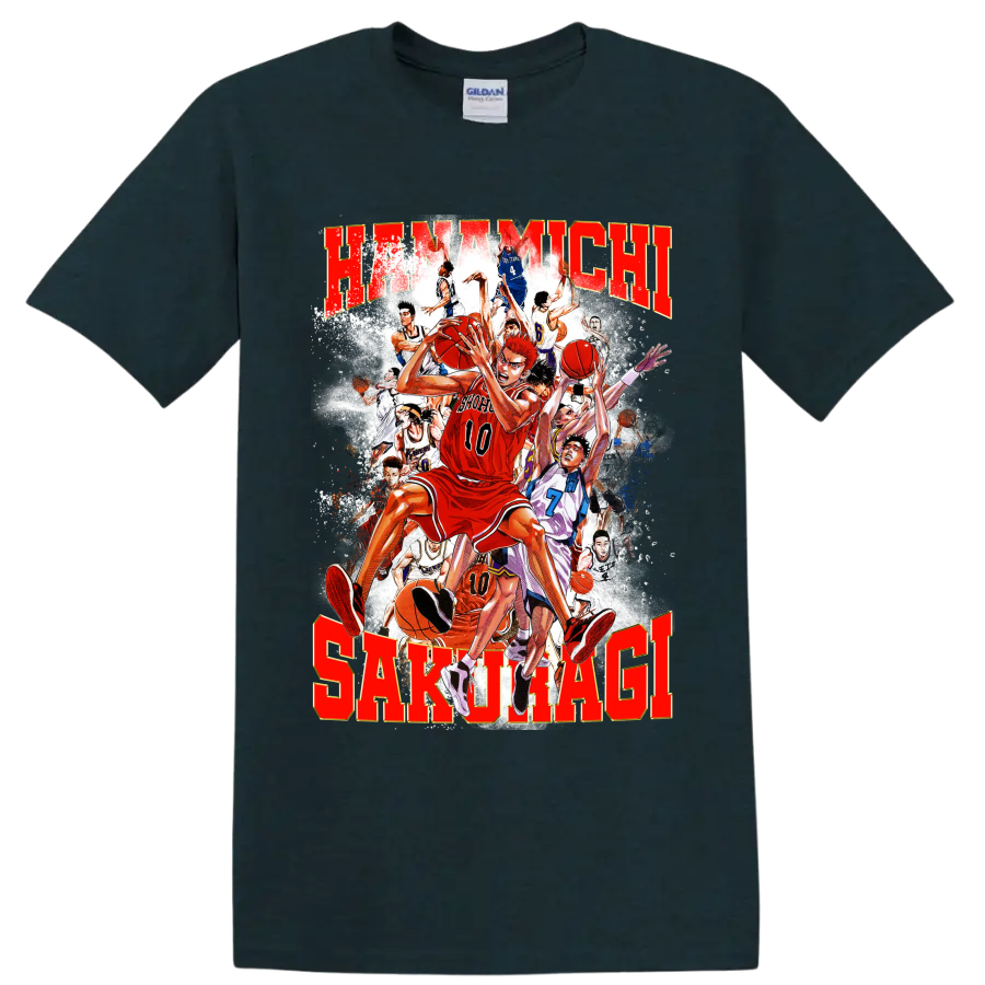Hanamichi Sakuragi Slam Dunk manga basketball collage with distressed red lettering on a Midnight (Green) T Shirt
