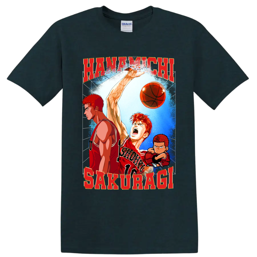 Hanamichi Sakuragi Slam Dunk manga basketball graphic with red lettering and chibi art on a Midnight (Green) T Shirt