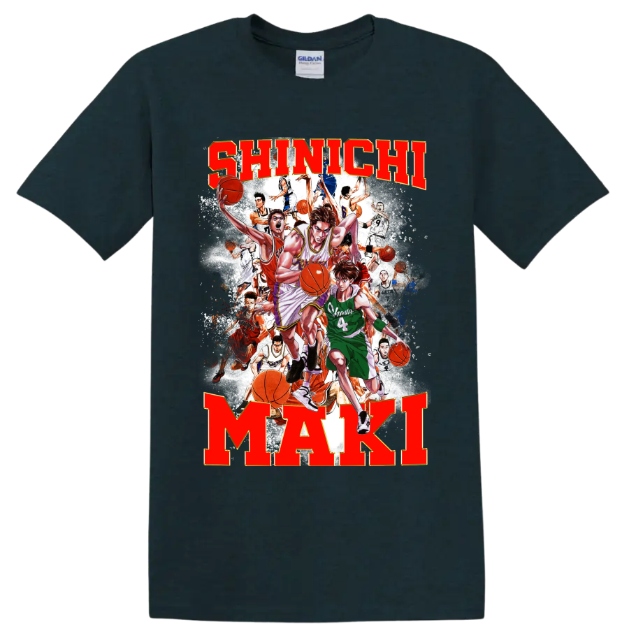 Shinichi Maki Slam Dunk manga basketball collage with bold name lettering on a Midnight (Green) T Shirt