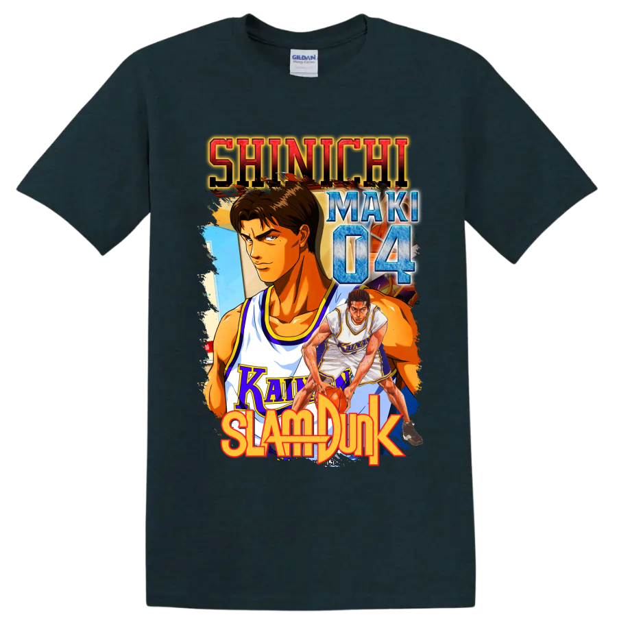 Shinichi Maki Slam Dunk manga-style Kainan basketball graphic with number 04 on a Midnight (Green) T Shirt