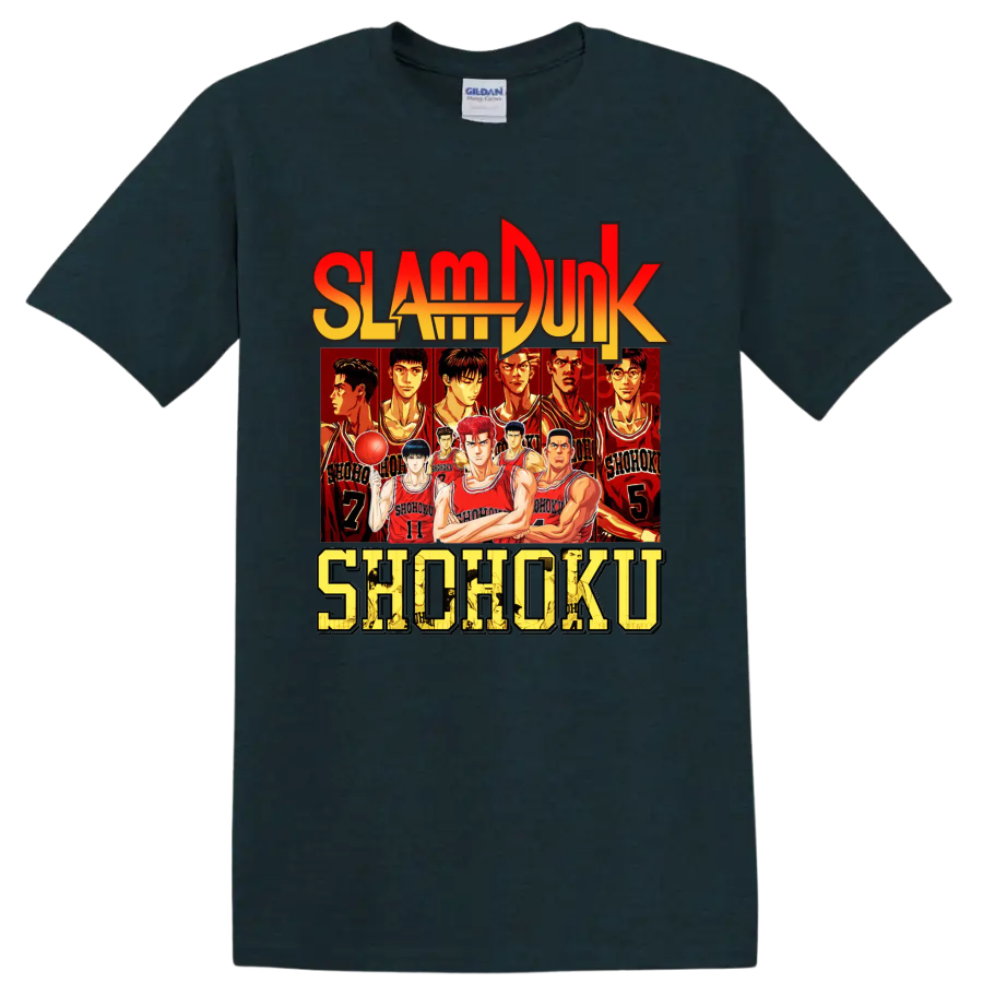 Slam Dunk Shohoku basketball team anime graphic with red jersey player lineup on a Midnight (Green) T Shirt